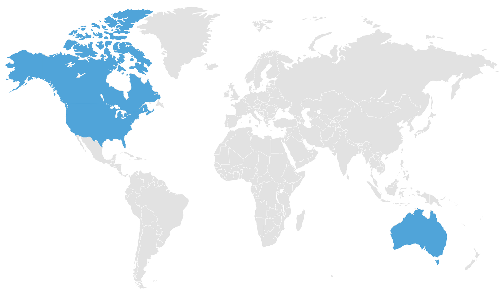 World map with North America and Australia highlighted in blue.